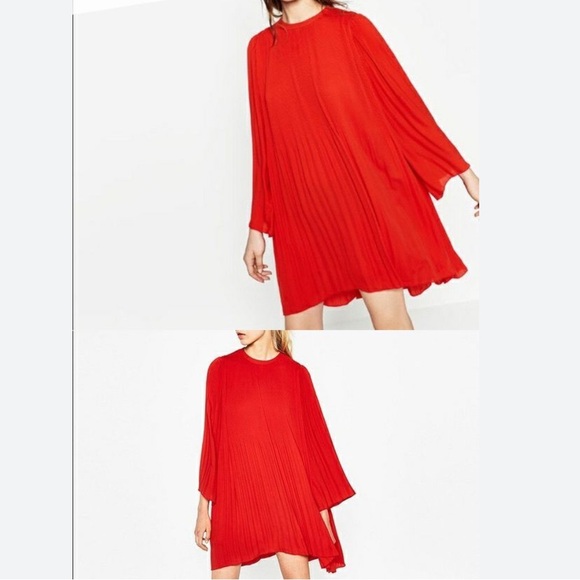 Zara‎ SZ XS red pleated chiffon flare mini dress - Picture 2 of 16
